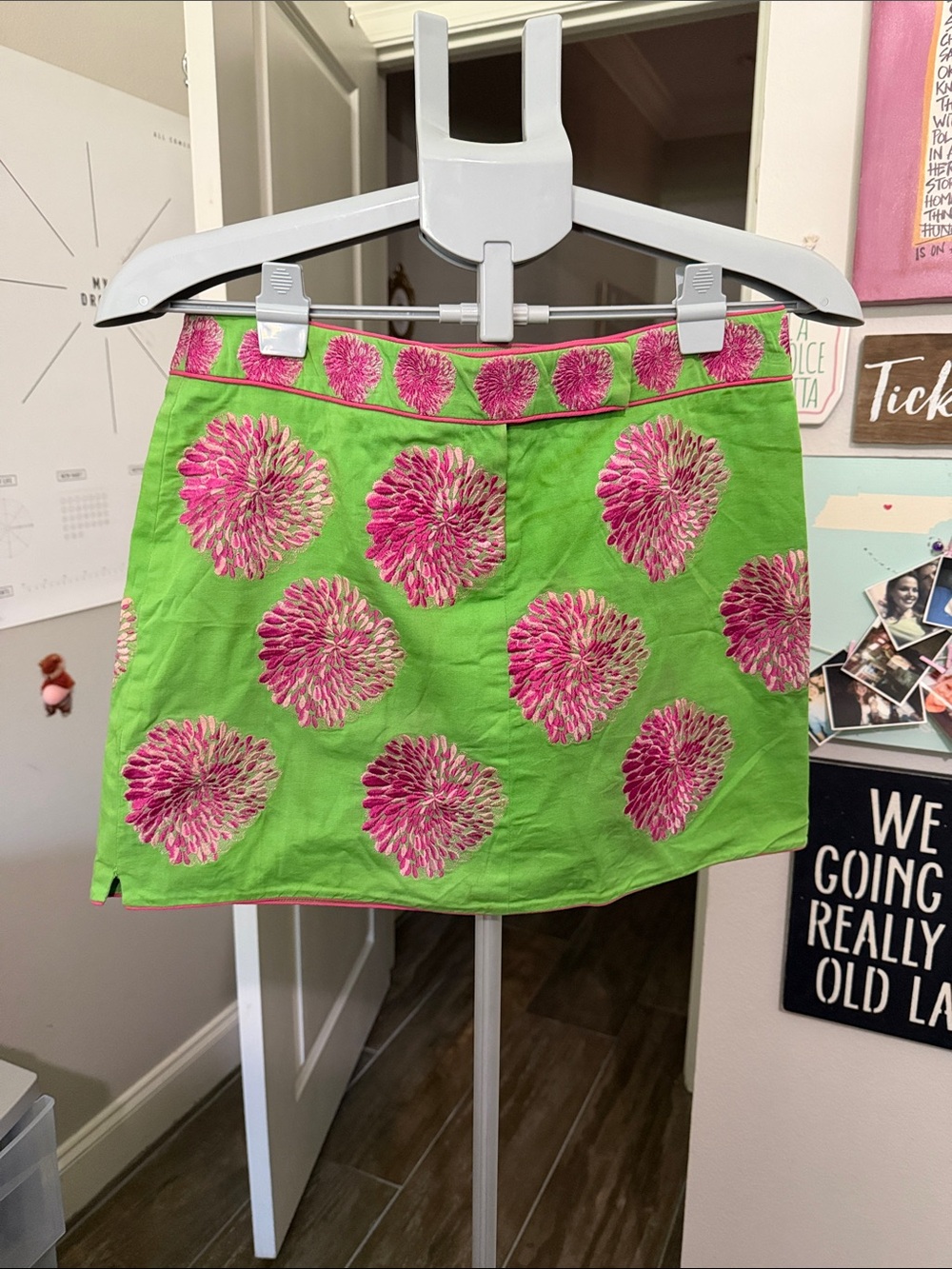 Bright Green Mini Skirt with Pink Floral Motifs